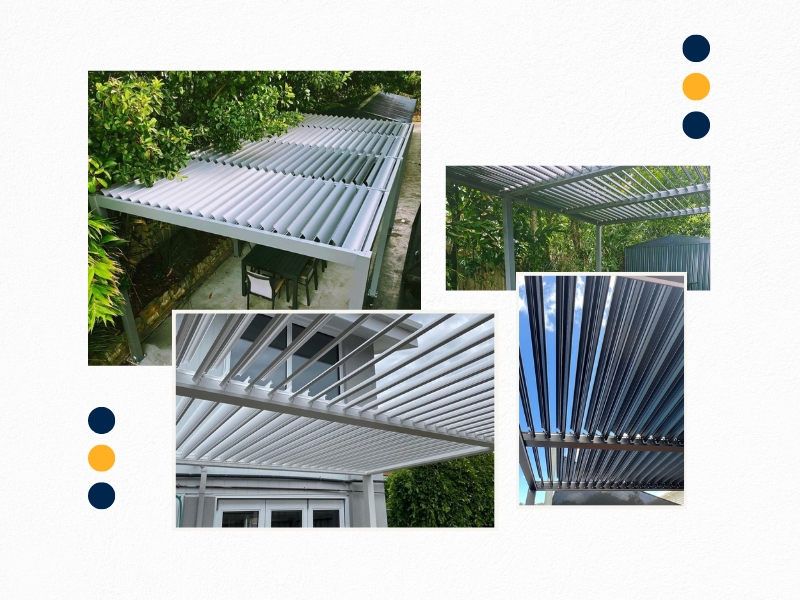 Different angles of adjustable pergola beams showing various positions for optimal shade and airflow.