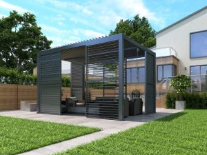 Modern enclosed pergola with metal frame and louvre panels, providing shade and style to a backyard space.