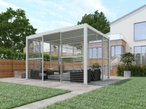 Standalone pergola with open slats in a garden, showcasing design versatility and pergola permit requirements.