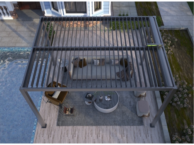 Top view of louvered pergola over outdoor seating, demonstrating planning steps for How To Build A Pergola.