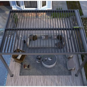 Aerial view of pergola with adjustable slats and seating area near pool – how to build a pergola.