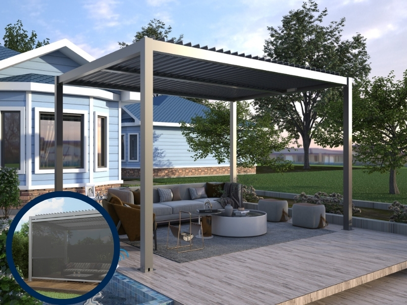 A modern louvered pergola offering adjustable shade to withstand harsh Australian weather conditions.