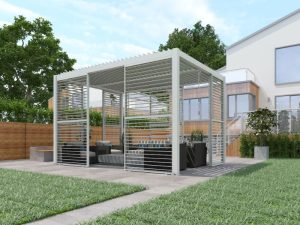 Modern pergola with seating area and secure pergola footings ensuring stability in a landscaped backyard setting.