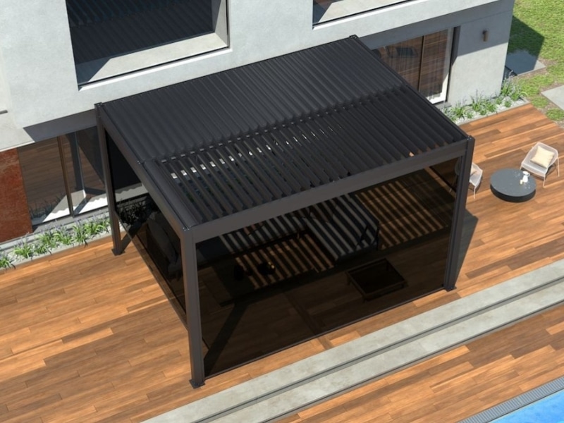 Overhead view of modern louvered pergola on timber deck demonstrating stylish types of pergolas for sun control.