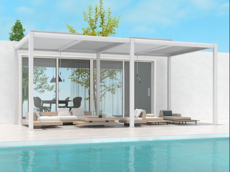 Pergola Height shown with white pergola structure providing shaded lounge beside a pool.