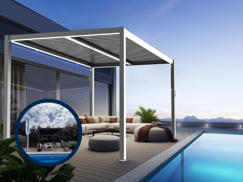 Poolside pergola ideas: This modern pergola provides the perfect spot for lounging and entertaining by the pool.