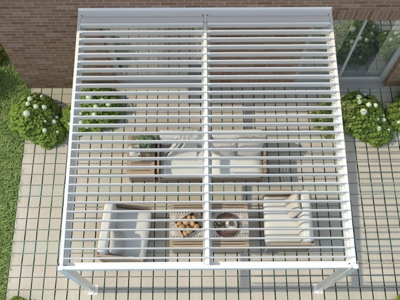 Enhance Outdoor Space Pergola shown from above with white louvre roof shading outdoor seating area.