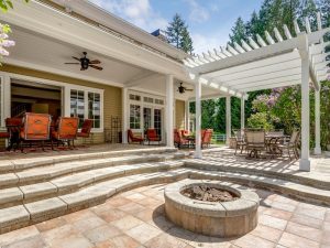 Outdoor patio with white pergola showcasing functional pergola sizes for large entertaining areas