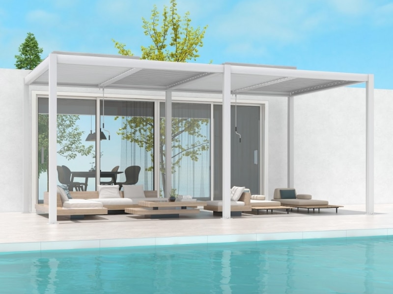 Basic Pergola Designs featuring a white louvered pergola shading a modern poolside lounge area.