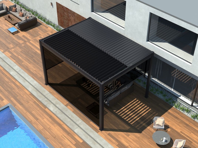 Modern black pergola showing how pergola sizes affect poolside layout and comfort
