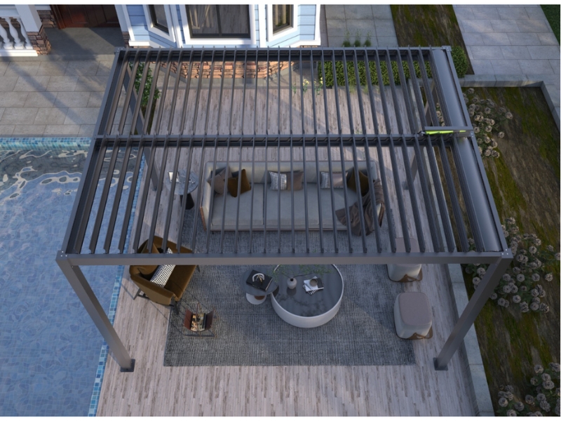 Top view of an adjustable pergola shading outdoor furniture.