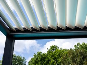 Close-up of adjustable slats illustrating pergola sizes for tailored shade control