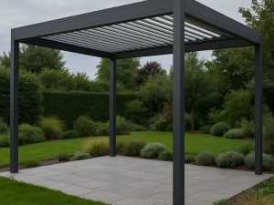 Aluminium pergola with slatted roof on tiled patio in landscaped garden surrounded by green shrubs under overcast sky.