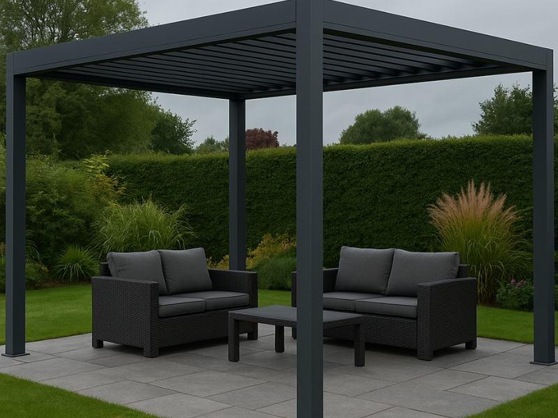 Aluminium pergola with two black wicker sofas and table in green garden on a cloudy day.