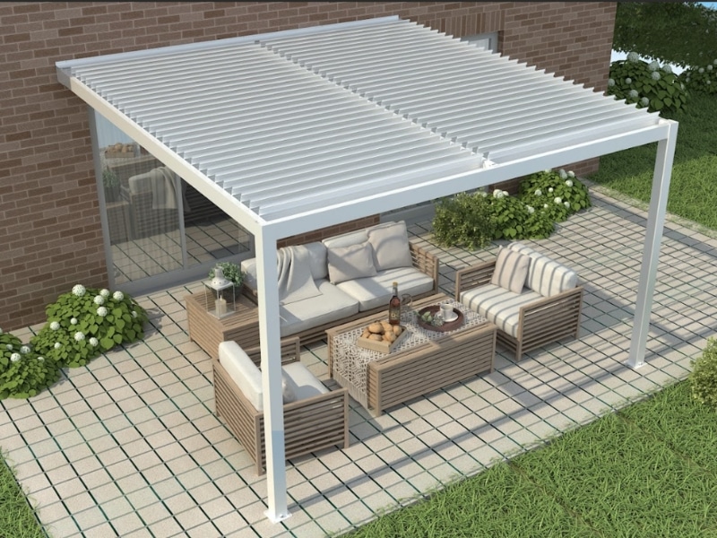 Modern wall pergola kits installed over outdoor seating area beside brick wall.