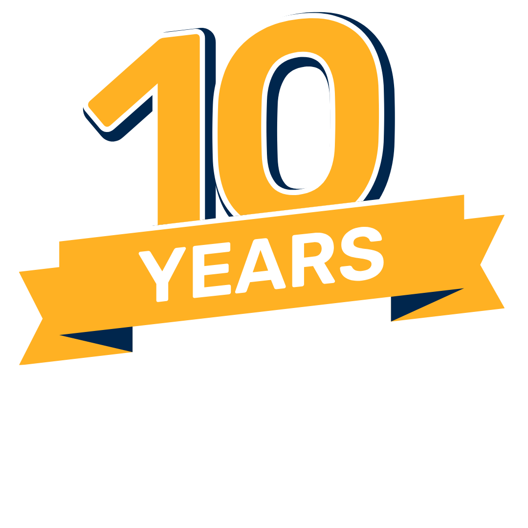 Bold yellow and white badge displaying 10 years warranty, highlighting long-term product durability and customer assurance.
