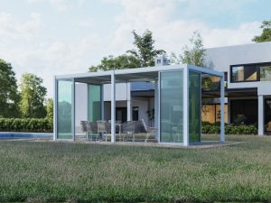 Modern aluminium pergola with glass panels, illustrating balanced pergola measurements for a backyard dining area.