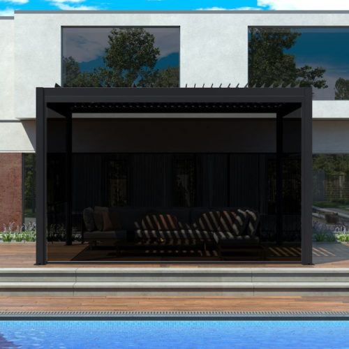 Black modern poolside pergola with lounge seating, offering shaded outdoor living space as premium home add ons.