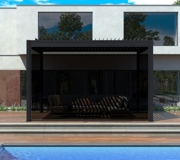 Black modern poolside pergola with lounge seating, offering shaded outdoor living space as premium home add ons.