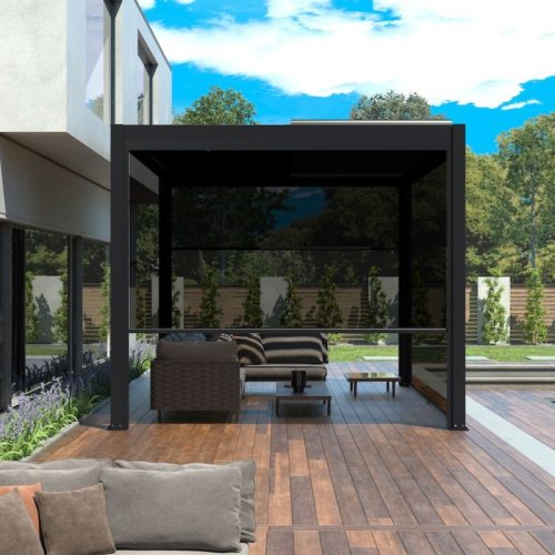 Side view of black pergola with automatic pull up screens, providing privacy and sun protection in a stylish outdoor area.