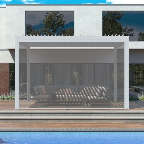 White modern pergola with shaded seating by a pool, designed as luxury outdoor add ons for contemporary homes.