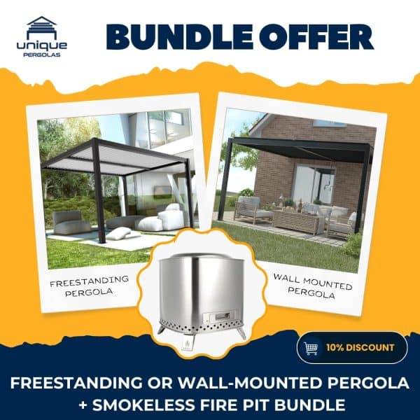 Bundle-Offer-1-600x600 Promotional image showing pergola and fire pit bundle with freestanding or wall-mounted pergola options and 10% discount offer.