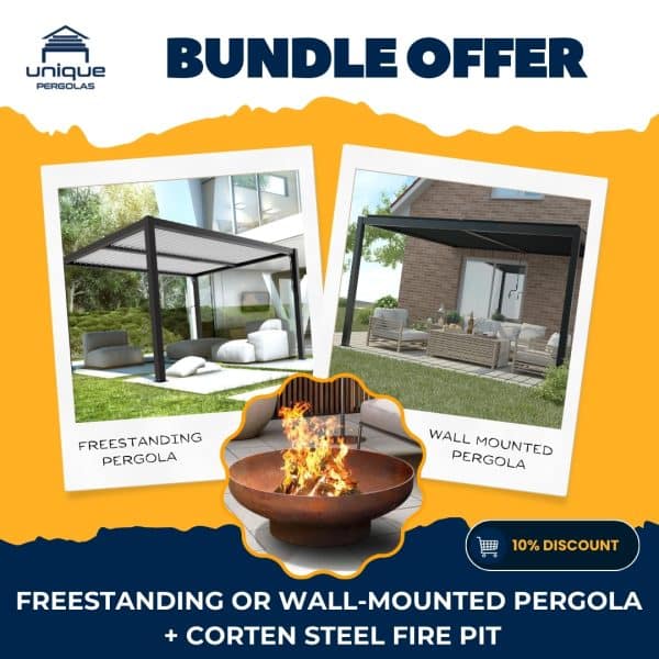 Bundle-Offer-2-600x600 Outdoor living bundle featuring corten steel fire pit and choice of freestanding or wall-mounted pergola with 10% discount.