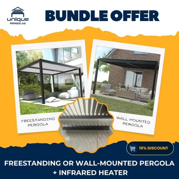 Bundle-Offer-3-600x600 Outdoor heating bundle featuring infrared heater with freestanding or wall-mounted pergola, including 10% discount promotional offer.