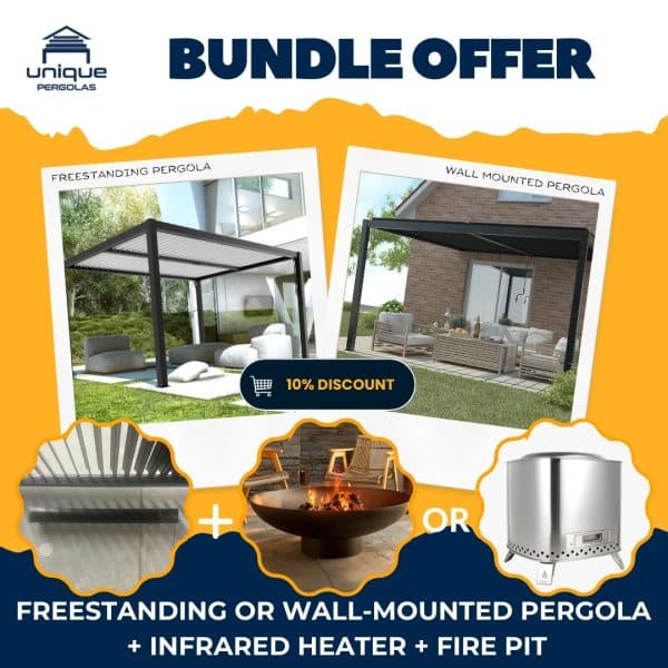 Bundle-Offer-4-600x600 Complete outdoor bundle with freestanding or wall-mounted pergola, infrared heater, and choice of fire pit, including 10% discount.