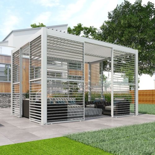 Modern outdoor pergola with horizontal slat panels and lounge seating, ideal as stylish garden or patio add ons.