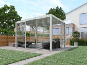 Louver-style pergola design in a small backyard, demonstrating how pergola measurements impact shade and seating areas.