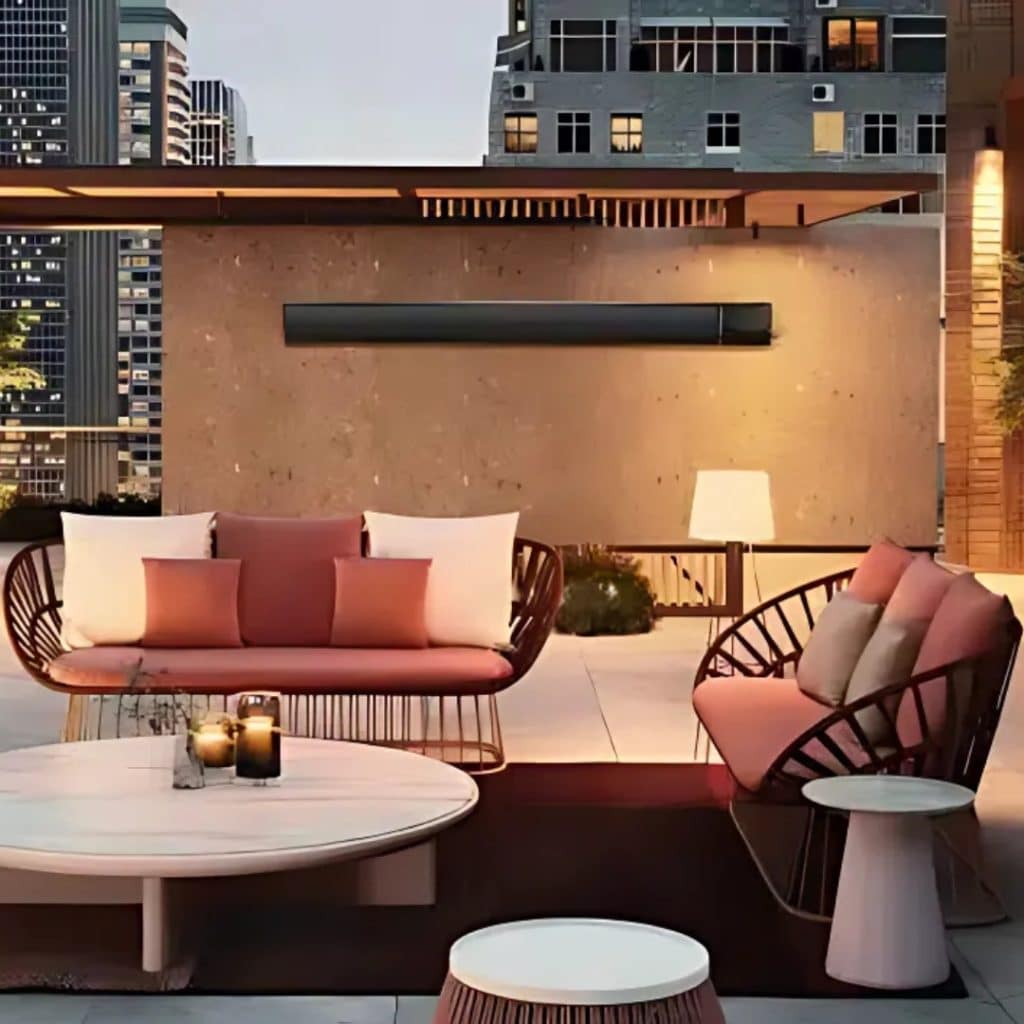 Stylish rooftop lounge with outdoor heater, modern furniture, and ambient lighting—perfect add-ons for luxury city living.