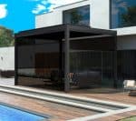 Side view of black pergola with manual pull up screens, offering flexible shade and privacy for a modern poolside area.
