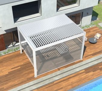 Top view of white pergola with manual pull up screens, positioned by poolside for shaded and private outdoor lounging.