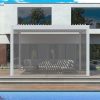 White pergola with manual pull up screens by the pool, offering elegant shade and privacy in a modern outdoor space.
