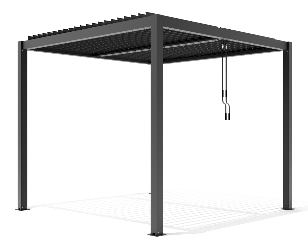 Minimalist black aluminium pergola with adjustable louvre roof, isolated on white background to showcase modern pergolas design.