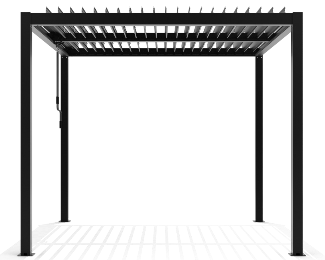 Front view of black aluminium pergola with adjustable louvre roof, showcasing modern pergolas for sleek outdoor coverage.