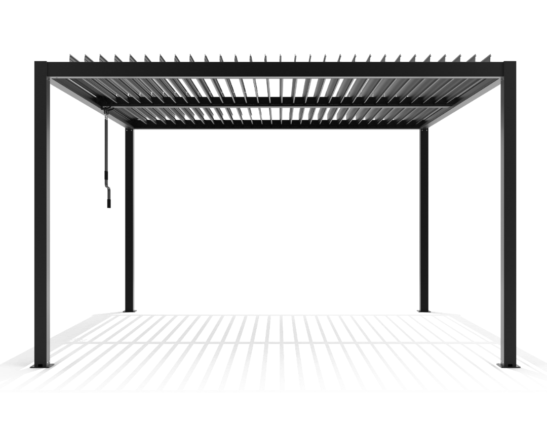 Freestanding black aluminium pergola with open louvre roof and crank handle, demonstrating durable and stylish pergolas for outdoor spaces.