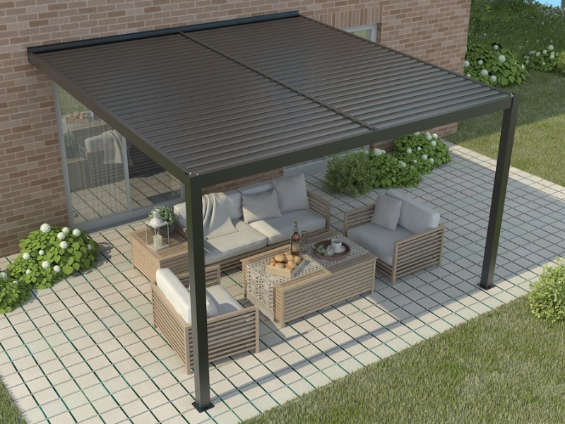 Aluminium pergolas for sale featuring covered patio lounge beside a brick home with tiled flooring
