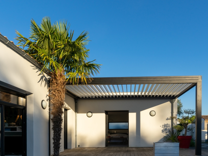 Metal garden pergolas attached to house with palm tree beside patio.