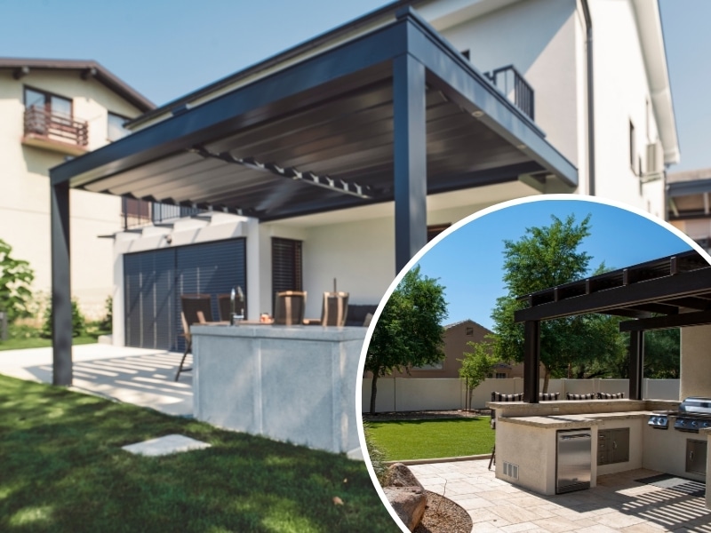Modern outdoor kitchen with pergola featuring louvre roofing, built-in BBQ, and stone benchtops in a landscaped yard.