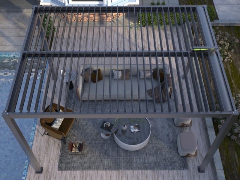Prefabricated Pergolas covering outdoor seating area near pool with adjustable louveres.