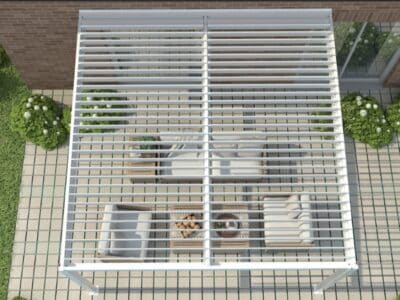Top view of white pergola kits with louvred roof over outdoor seating area.