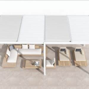 Modern pergola kits with adjustable louvre roof covering outdoor lounge and sun loungers in a minimalist Australian backyard