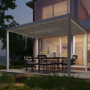 Modern Pergolas covering outdoor dining deck beside glass house with table, chairs, and evening lighting.