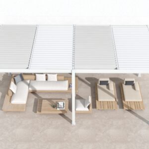 Wall mounted pergola with adjustable louvered roof covering outdoor lounge sofa, coffee table, and sun loungers.