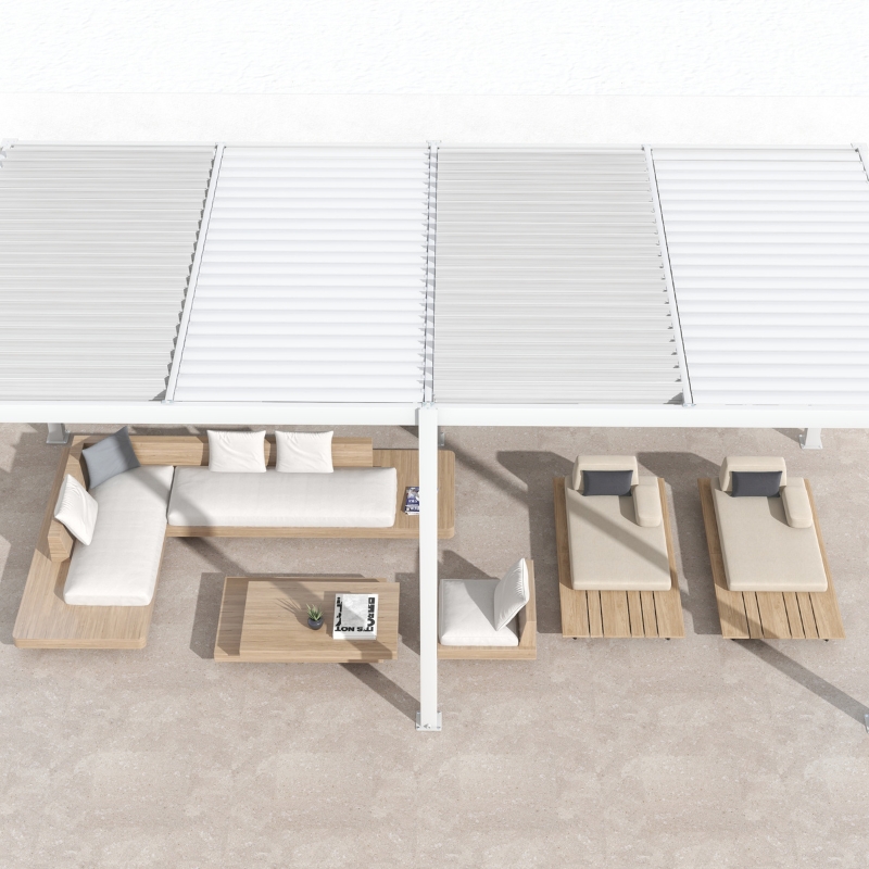 Wall mounted pergola with adjustable louvered roof covering outdoor lounge sofa, coffee table, and sun loungers.