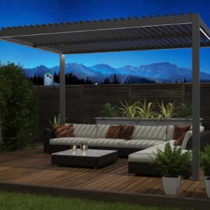 Modern Pergolas over timber deck with outdoor sectional sofa, candles, plants, and mountain night view.