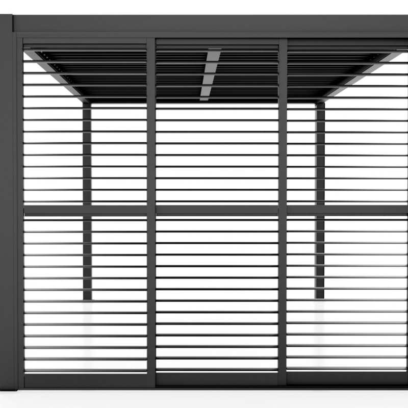 Modern wall panels with horizontal slats forming outdoor privacy screening structure in contemporary backyard design.