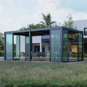 Glass sliding doors enclosing modern pergola outdoor dining area with tinted panels and contemporary seating.